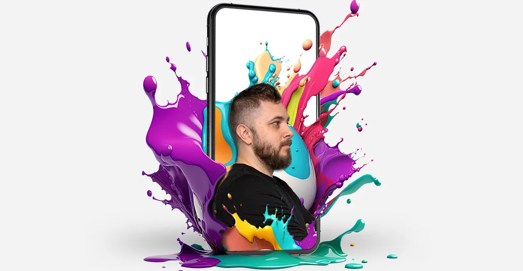 man in smart phone with paint splatters